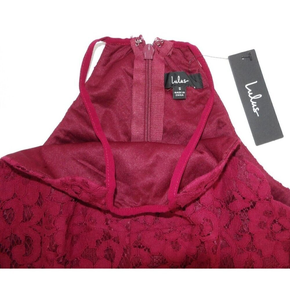 LULUS burgundy red high neck no sleeve long lace dress women's size S, NEW - Picture 3 of 5